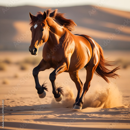 A wild chestnut horse leaps powerfully across a vast desert plain,
The horse’s mid-air pose showcases both motion and control, making this photograph perfect for projects celebrating vitality, nature,