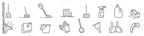 Clean home concept linear icons set. Cleaning tools and supplies – mop, vacuum cleaner, sponge, detergent, duster. Perfect for hygiene, housekeeping, janitorial services. Editable stroke.