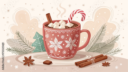 A christmas mug filled with hot chocolate marshmallows and a candy cane with holiday decorations around