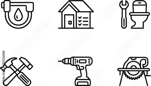 Handyman and Home Repair Line Art Icons Representing Plumbing, Carpentry, and General Maintenance for Various Trades and Services Rendered Professionally