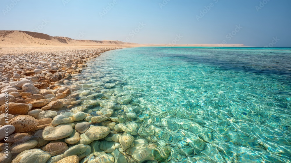 Obraz premium Clear turquoise water with pebble shoreline under bright sky