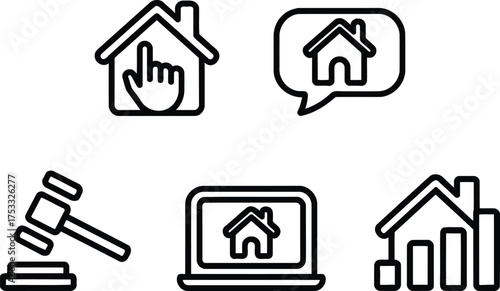 Illustrative Real Estate Market Icons Representing Property Selection, Communication, Legal Auction, Online Listings, and Investment Growth Depicted in Black and White
