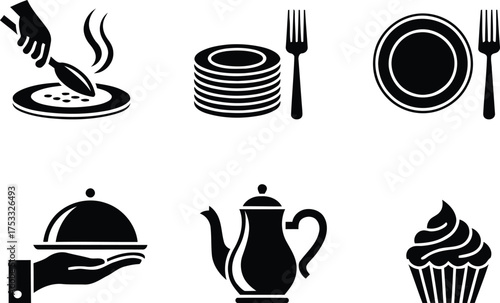 Elegant Dining and Refreshments Culinary Graphic Illustration Set Featuring a Diverse Collection of Dinnerware Drinkware and Delectable Food Items Perfect for Culinary Arts