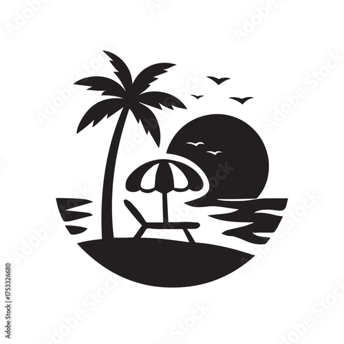 Tropical beach paradise illustration with palm tree, sun lounger, umbrella, and ocean sunset, symbolizing summer vacation, relaxation, and an idyllic getaway