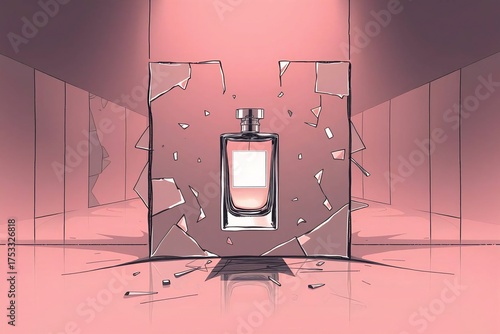 Transparent perfume bottle in a dynamic scene with floating glass fragments. Premium cosmetic branding design.