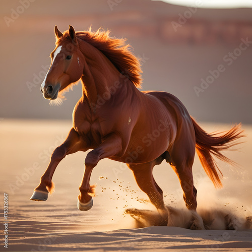 A wild chestnut horse leaps powerfully across a vast desert plain,
The horse’s mid-air pose showcases both motion and control, making this photograph perfect for projects celebrating vitality, nature,