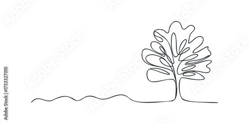 Minimalist line art of a solitary tree with flowing ground line