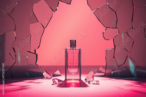 Elegant perfume bottle surrounded by flying glass shards on a red background. Modern luxury concept for fragrance advertising.