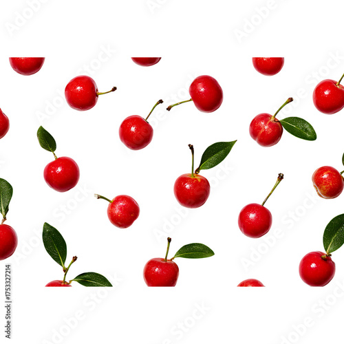 Fresh cherries with vibrant red color and green leaves, perfect for summer desserts and healthy snacks, promoting natural sweetness and delicious flavor