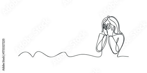 Woman crying, hiding face with hands, continuous line sketch