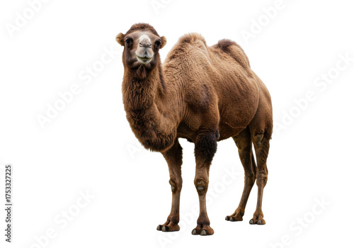Isolated Bactrian camel standing on a plain surface, an even-toed ungulate native to Central Asia