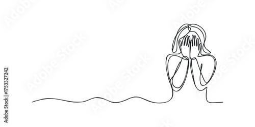 Person covering face with hands in one line sketch