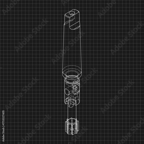 Mechanical engineering drawings. Tap tools, borer. Technical Design. Cover. Blueprint. Step Cutting Tool with Countersinking Function. Technical 3D Vector Illustration