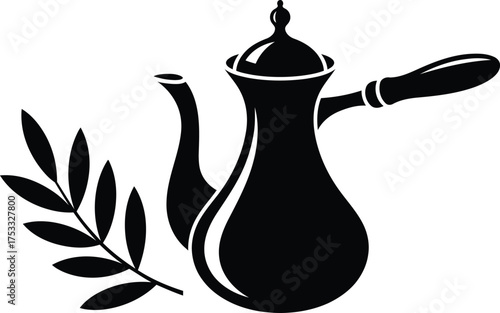 Elegant Still Life Silhouette Image Depicts a Traditional Dallah Coffee Pot with a Decorative Branch Adding a Touch of Nature