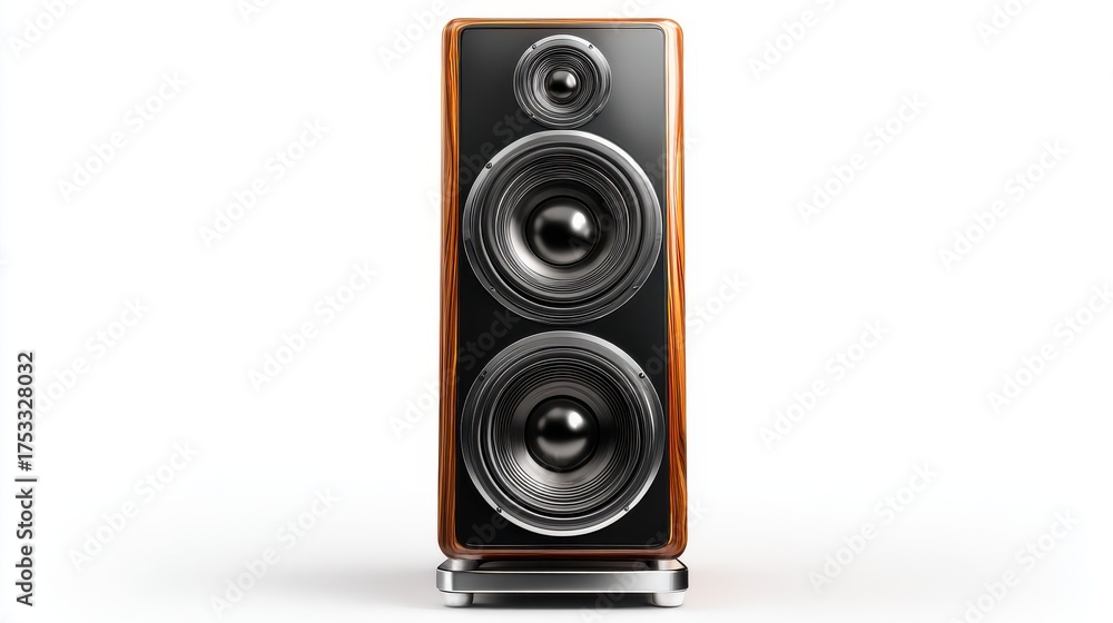 Obraz premium Tall audio speaker with polished wood grain cabinet and chrome accents.