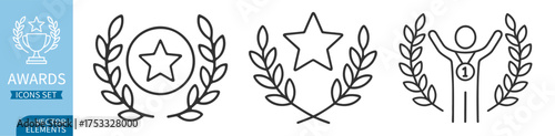 Laurel award icons set. Victory wreath star champion celebration outline symbols on transparent background