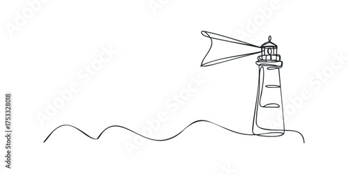 Single line drawing of a lighthouse on wavy ground