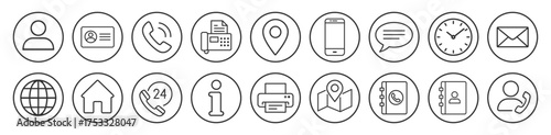 Contact icons set. Business and communication icon set. Phone, mail, location, chat, support and contact symbols for web and print. Thin line vector illustration on transparent background