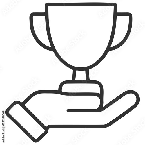 Trophy award cup in hand. Prize recognition honor winner champion success vector illustration on transparent background
