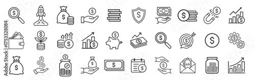 Business finance and money icon set with dollar signs and financial symbols on transparent background
