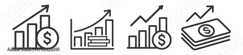 Financial growth and profit icon set with charts and money signs on transparent background