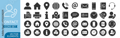 Contact icons set. Business and communication icon set. Phone, mail, location, chat, support and contact symbols for web and print. Thin line vector illustration on transparent background