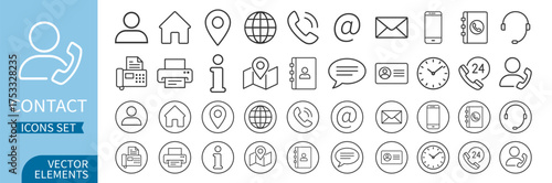 Contact icons set. Business and communication icon set. Phone, mail, location, chat, support and contact symbols for web and print. Thin line vector illustration on transparent background