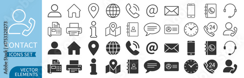 Contact information icon set. Business card and website icons. Black contact symbols – phone, mail, fax, info, support. Vector illustration on transparent background