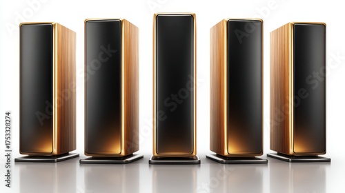 Five elegant tall speakers with wood grain and gold trim stand in a row.