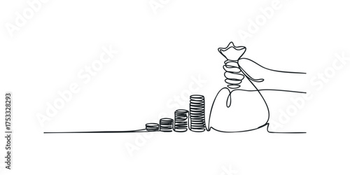Hand holding money bag with growing coins graph