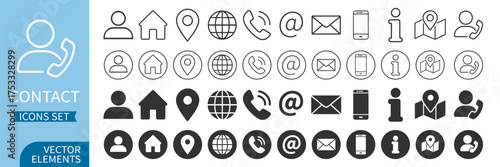 Contact information icon set. Business card and website icons. Black contact symbols – phone, mail, fax, info, support. Vector illustration on transparent background