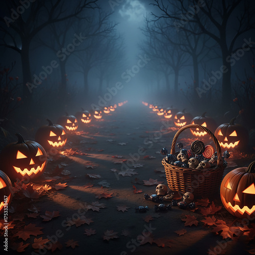 Sentiero nebbioso nel bosco illuminato da una fila di Jack-o'-lantern minacciose, con un cesto di dolci e teschi in primo piano sotto la luna piena.