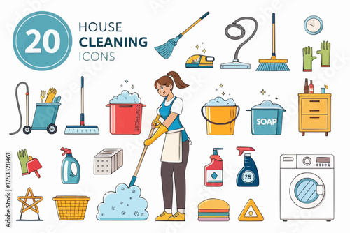 Illustration showing a woman cleaning with various cleaning supplies and equipment scattered around her area