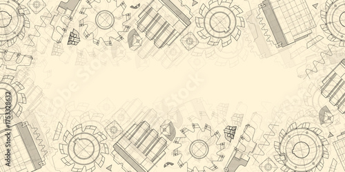 Mechanical engineering drawings on sepia background. Cutting tools, milling cutter. Technical Design. Cover. Blueprint. Horizontal seamless pattern. Vector illustration.