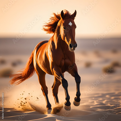 A wild chestnut horse leaps powerfully across a vast desert plain,
The horse’s mid-air pose showcases both motion and control, making this photograph perfect for projects celebrating vitality, nature,