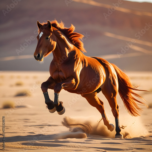 A wild chestnut horse leaps powerfully across a vast desert plain,
The horse’s mid-air pose showcases both motion and control, making this photograph perfect for projects celebrating vitality, nature,