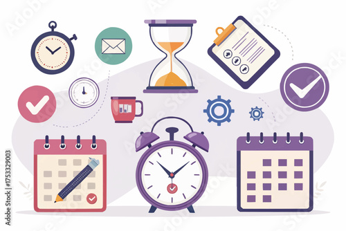 Illustration showing time management elements including clocks calendars and planning tools arranged neatly