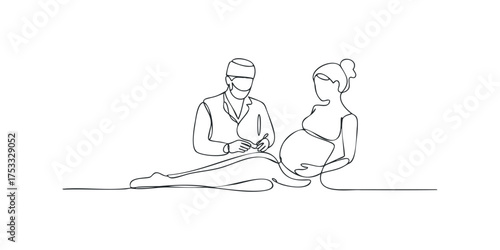 Doctor consulting with pregnant woman in one line drawing style