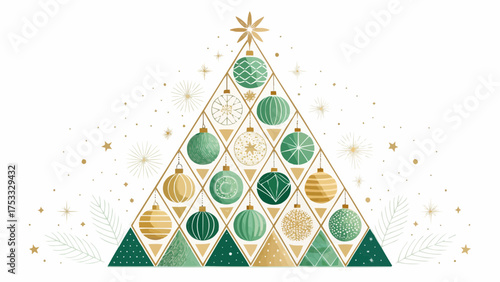 Geometric christmas tree with ornaments and star topper on a white background with gold accents