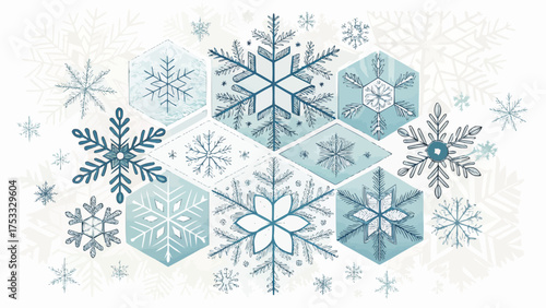 Assorted snowflakes with geometric shapes in shades of blue and white create a wintery scene design