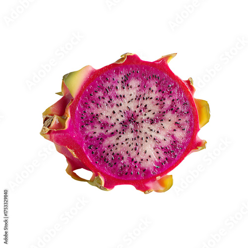 Vibrant cross-section of a ripe pink dragon fruit revealing its stunning white flesh speckled with tiny black seeds, a tropical delight.