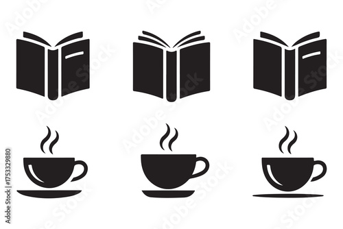 Coffee and book silhouette icon set isolated on white background
