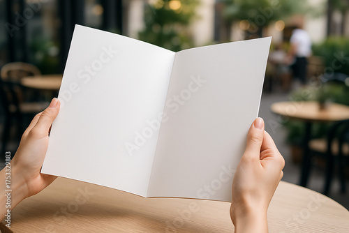 Female hands holding blank menu mockup at outdoor caf?