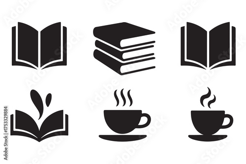 Coffee and book silhouette icon set isolated on white background
