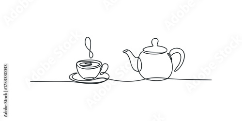 Continuous line drawing of a teacup with saucer and teapot