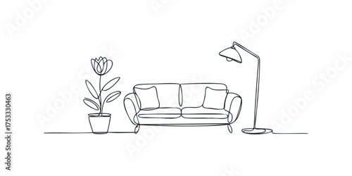 Continuous line drawing of a sofa with potted plant and floor lamp