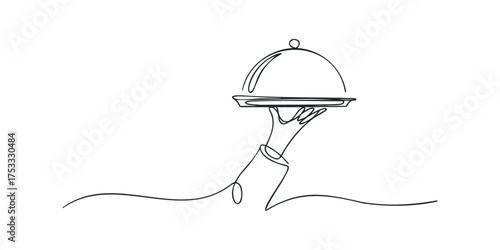 Single line drawing of a serving tray with a cloche lid