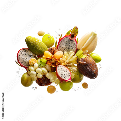 Vibrant tropical fruit explosion showcasing exotic dragon fruit, star fruit, and lychee, perfect for culinary and health-focused projects.