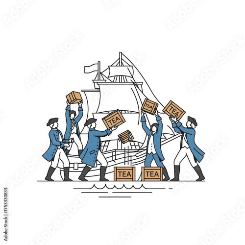 Men dressed in colonial attire throwing crates of tea into the water from a ship, depicting the Boston Tea Party.