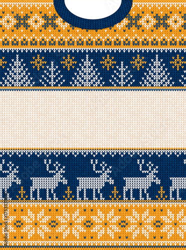 Merry Christmas Knitted Sweater Design Cozy Holiday Pattern. Festive Yeloow Blue Ugly Sweater with Reindeer Snowflakes. Knitted Christmas Greeting Card, Holiday Sweater Typography Vector Illustration